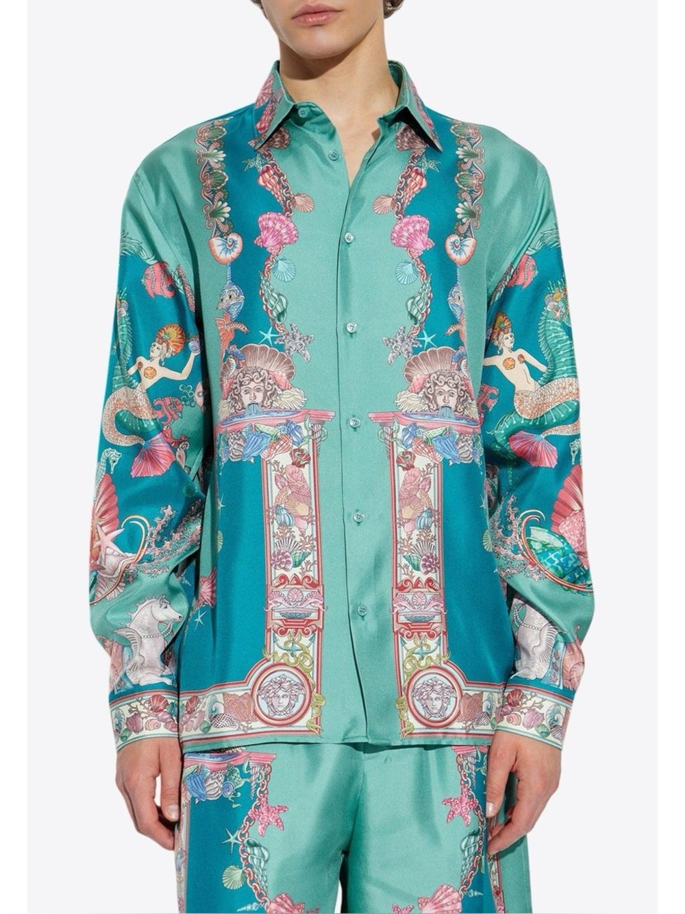 Versace Men's Blue Silk Shirt With "Coral Theatre" Print